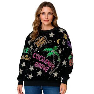 Vintage Bonnie Boerer 80s Black Sequin Velour Top Hollywood Club Graphic Medium